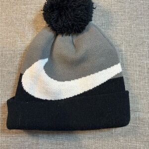 Nike Kids' Black and Gray Beanie with Pom-Pom